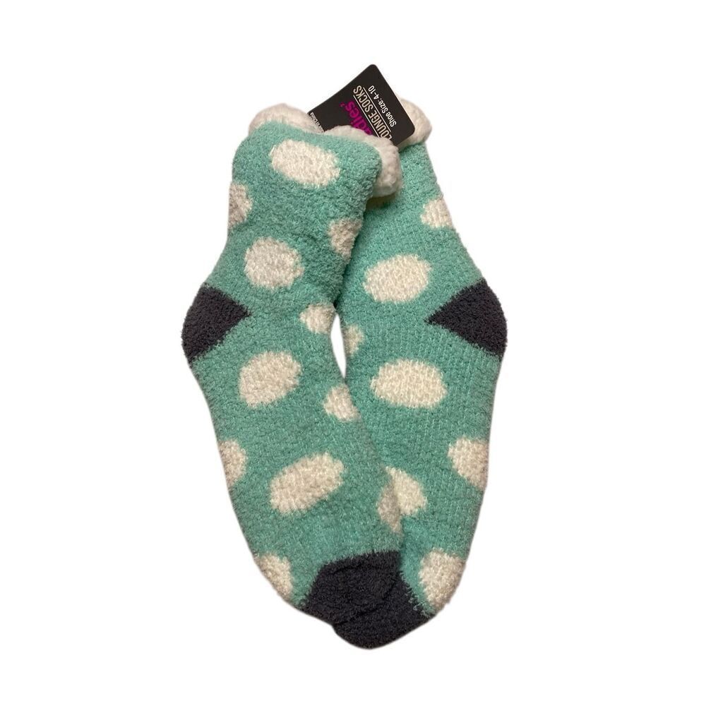 Nwt Ladies LoungeโSocks Aqua White Polka Dot Sherpa Lined Cozy Fuzzy Size 4-10
